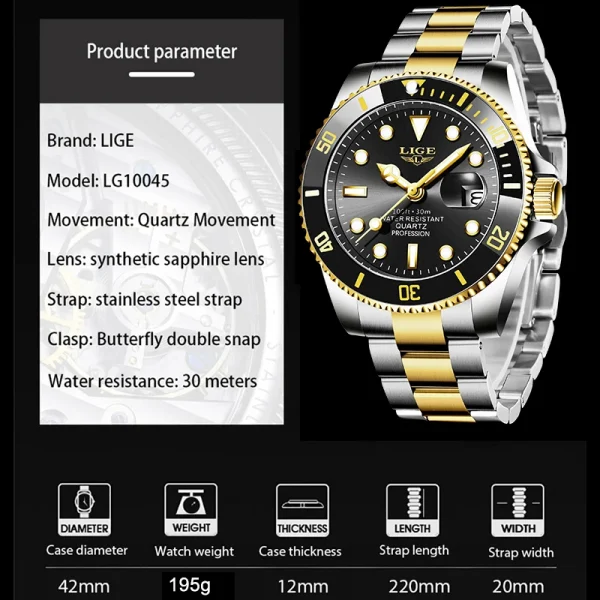 LIGE Waterproof Date Sport Quartz Wristwatch