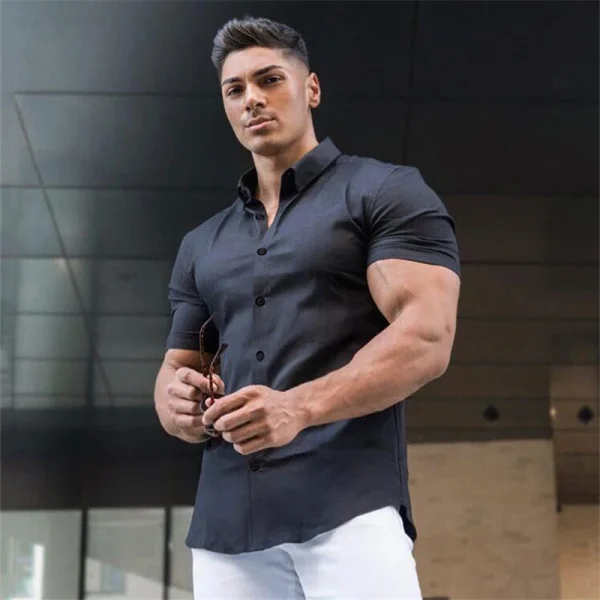 Men's Clothing Summer Gym Fitness Button Short Sleeve