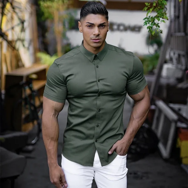 Men's Clothing Summer Gym Fitness Button Short Sleeve