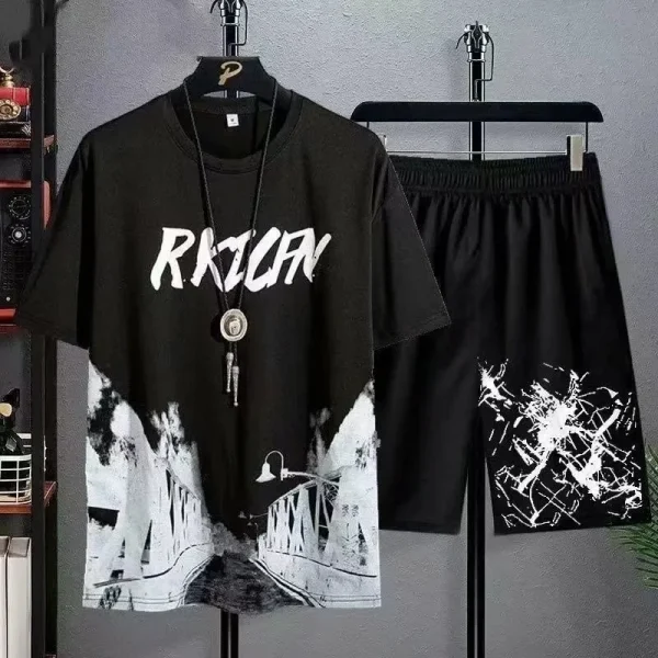 Summer leisure Men set Manga Graffiti Tees T-shirt+shorts 2-pieces