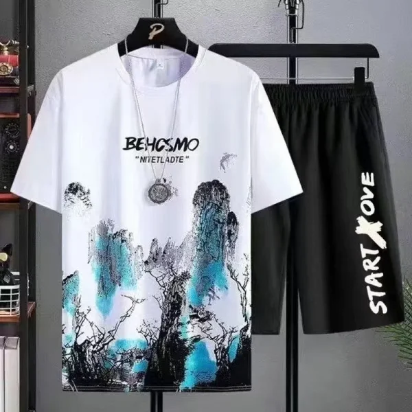 Summer leisure Men set Manga Graffiti Tees T-shirt+shorts 2-pieces