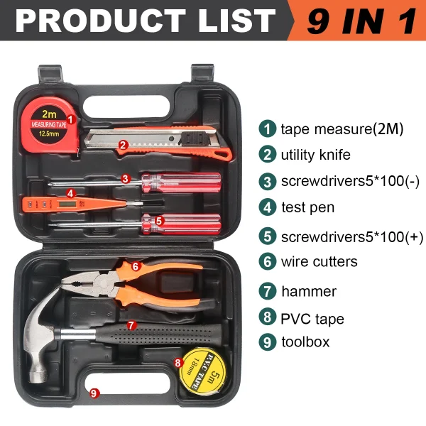 8/9/12/13Piece Tools Set General House. Kit with Plastic Toolbox Storage