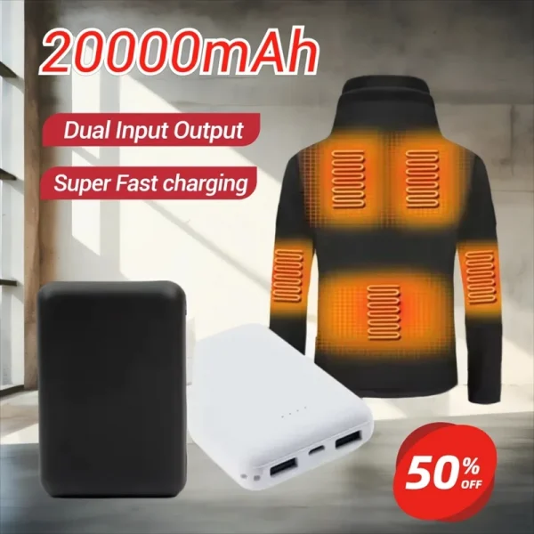 20000mAh Power Bank Fast Charging USB Charger Portable External Battery Pack for Heating Vest Jacket Scarf Socks Glove Equipment