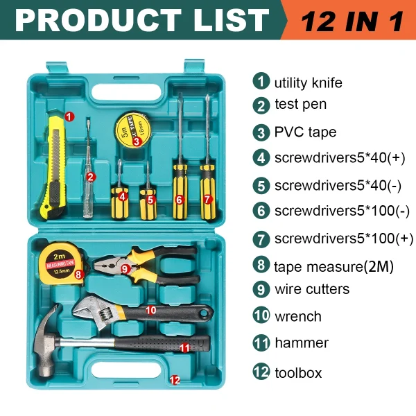 8/9/12/13Piece Tools Set General House. Kit with Plastic Toolbox Storage