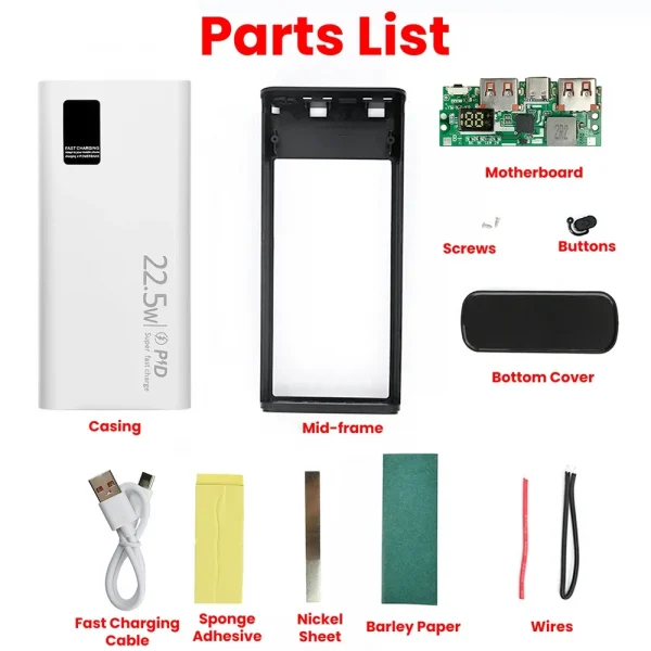 22.5W Fast Charging Power Bank DIY Kit 1260110 Battery Case Power Bank Type C Supports PD/QC/VOOC 20000mAh Power Bank Case