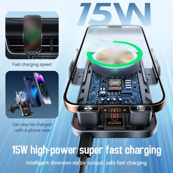 Car Wireless Charger 15W with Automatic Clamping Phone Holder