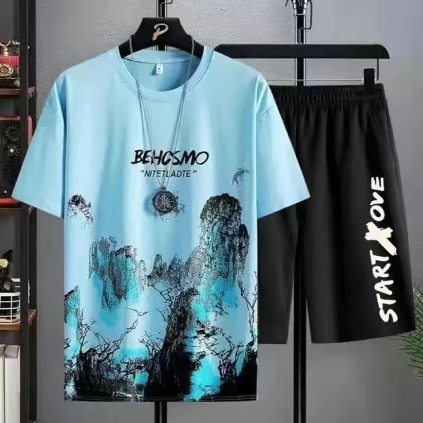 Summer leisure Men set Manga Graffiti Tees T-shirt+shorts 2-pieces