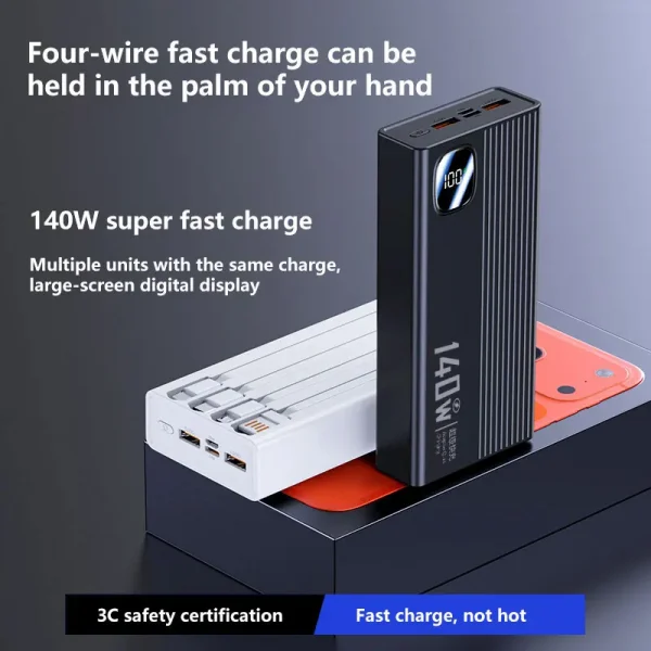 140W 500000mAh Power Bank Large Capacity 4 In1 Cables Intelligent Digital