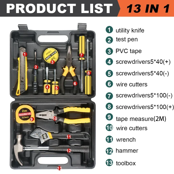8/9/12/13Piece Tools Set General House. Kit with Plastic Toolbox Storage