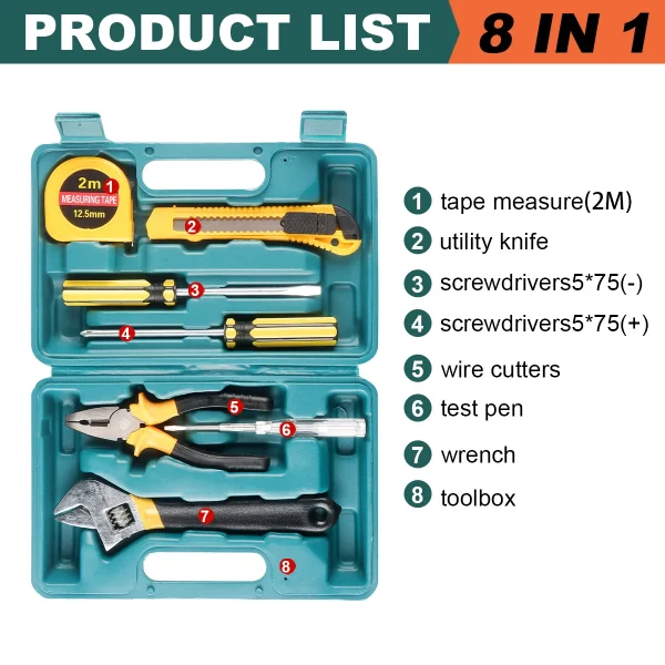 8/9/12/13Piece Tools Set General House. Kit with Plastic Toolbox Storage