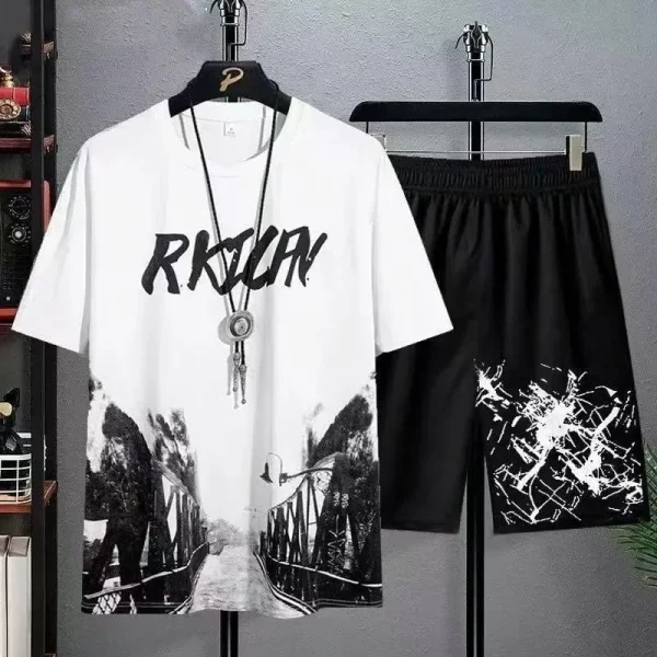 Summer leisure Men set Manga Graffiti Tees T-shirt+shorts 2-pieces
