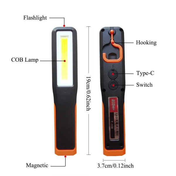 Portable COB LED Work Light Car Garage Mechanic Lamp Type-C Charging Flashlight