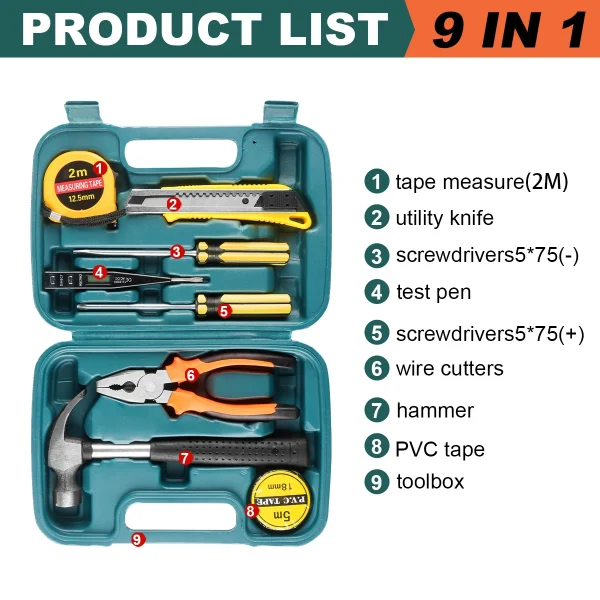 8/9/12/13Piece Tools Set General House. Kit with Plastic Toolbox Storage